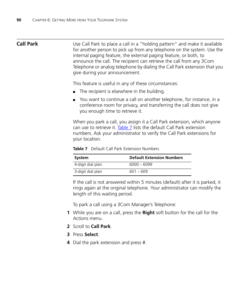 Call park | 3Com NBX 900-0208 User Manual | Page 90 / 130