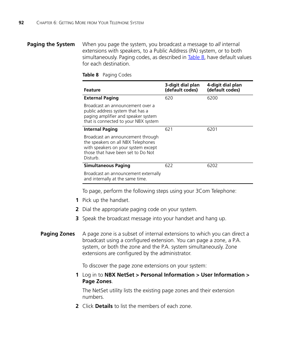Paging the system, Paging zones, Table 8 | 3Com NBX 900-0208 User Manual | Page 92 / 130