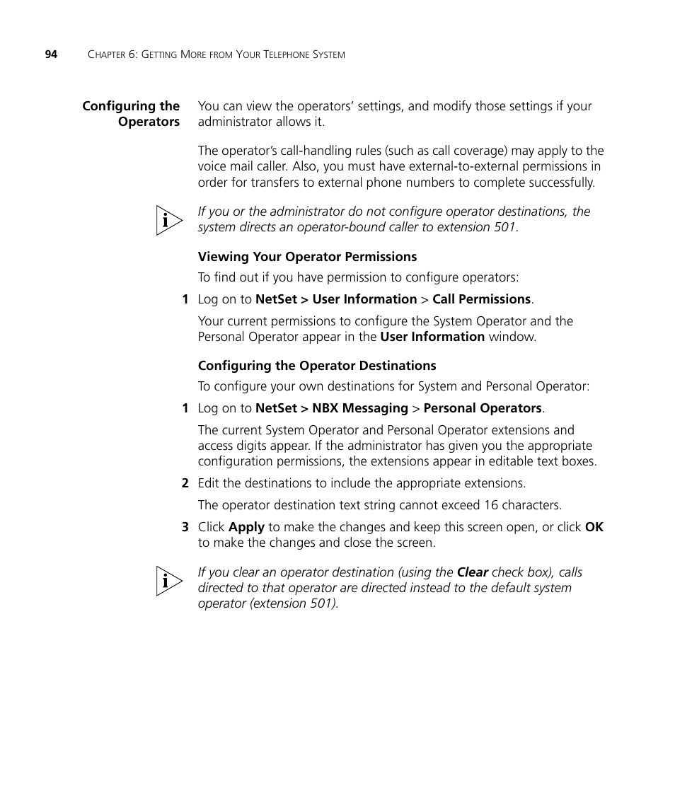 Configuring the operators | 3Com NBX 900-0208 User Manual | Page 94 / 130
