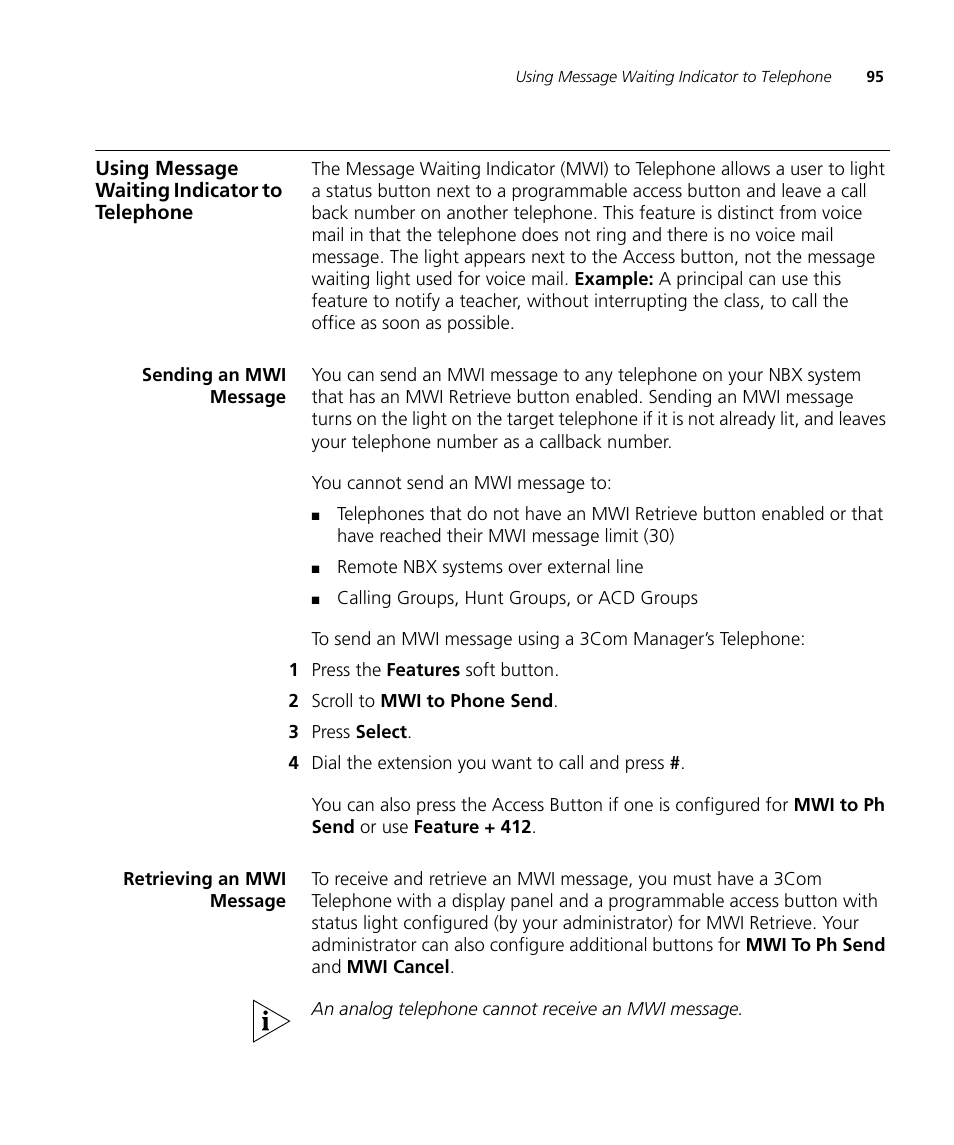 Using message waiting indicator to telephone, Sending an mwi message, Retrieving an mwi message | 3Com NBX 900-0208 User Manual | Page 95 / 130