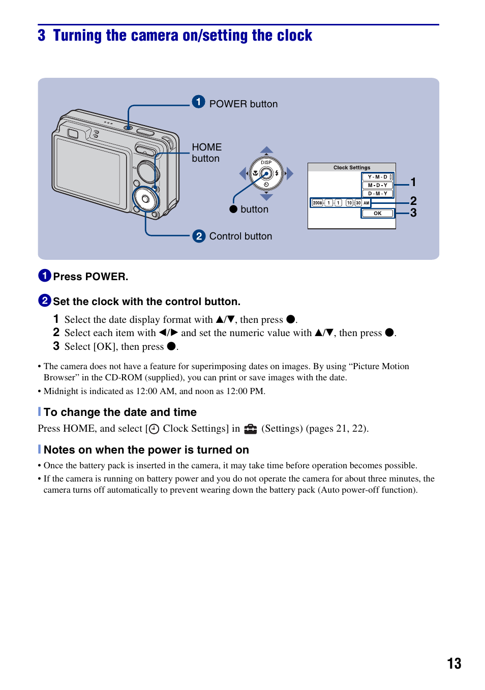 3 turning the camera on/setting the clock | 3M Cyber-shot W130 User Manual | Page 13 / 40