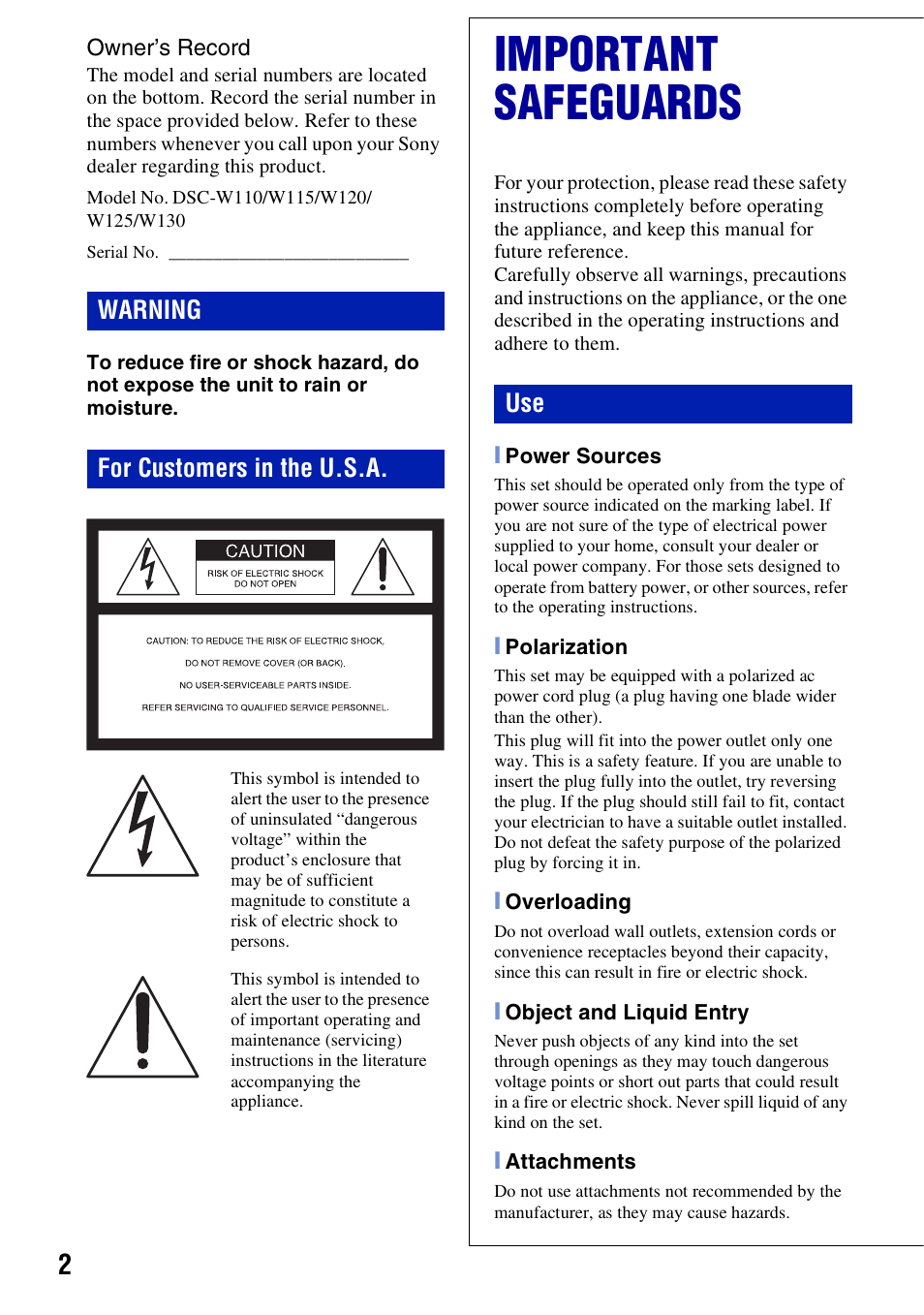 Important safeguards, Warning for customers in the u.s.a | 3M Cyber-shot W130 User Manual | Page 2 / 40