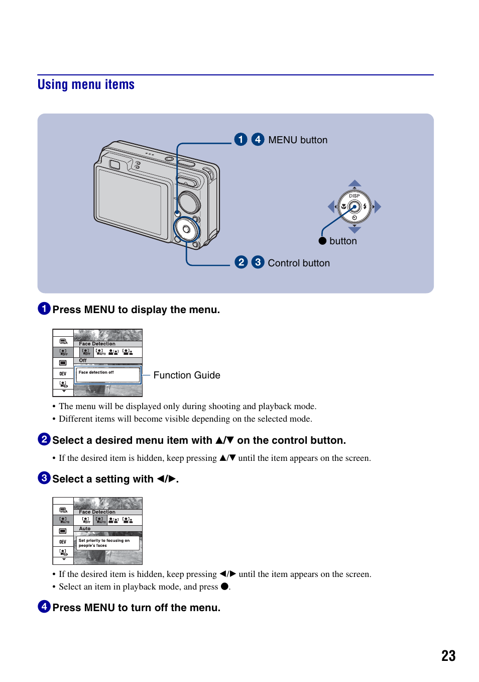 Using menu items, Using menu items 1 | 3M Cyber-shot W130 User Manual | Page 23 / 40