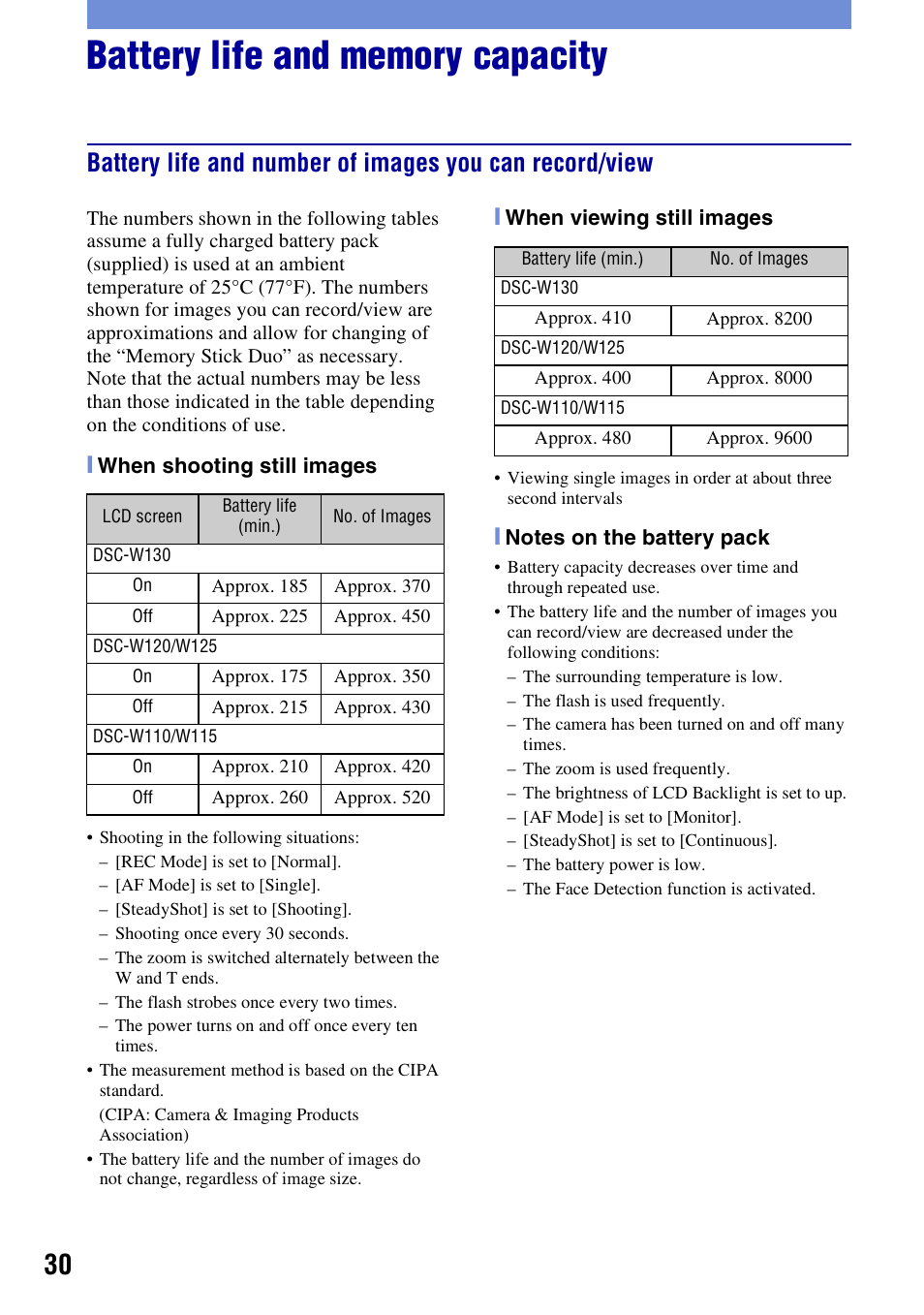 Battery life and memory capacity | 3M Cyber-shot W130 User Manual | Page 30 / 40