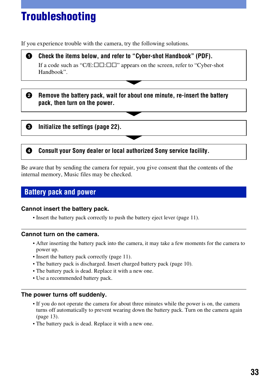 Troubleshooting, Battery pack and power | 3M Cyber-shot W130 User Manual | Page 33 / 40