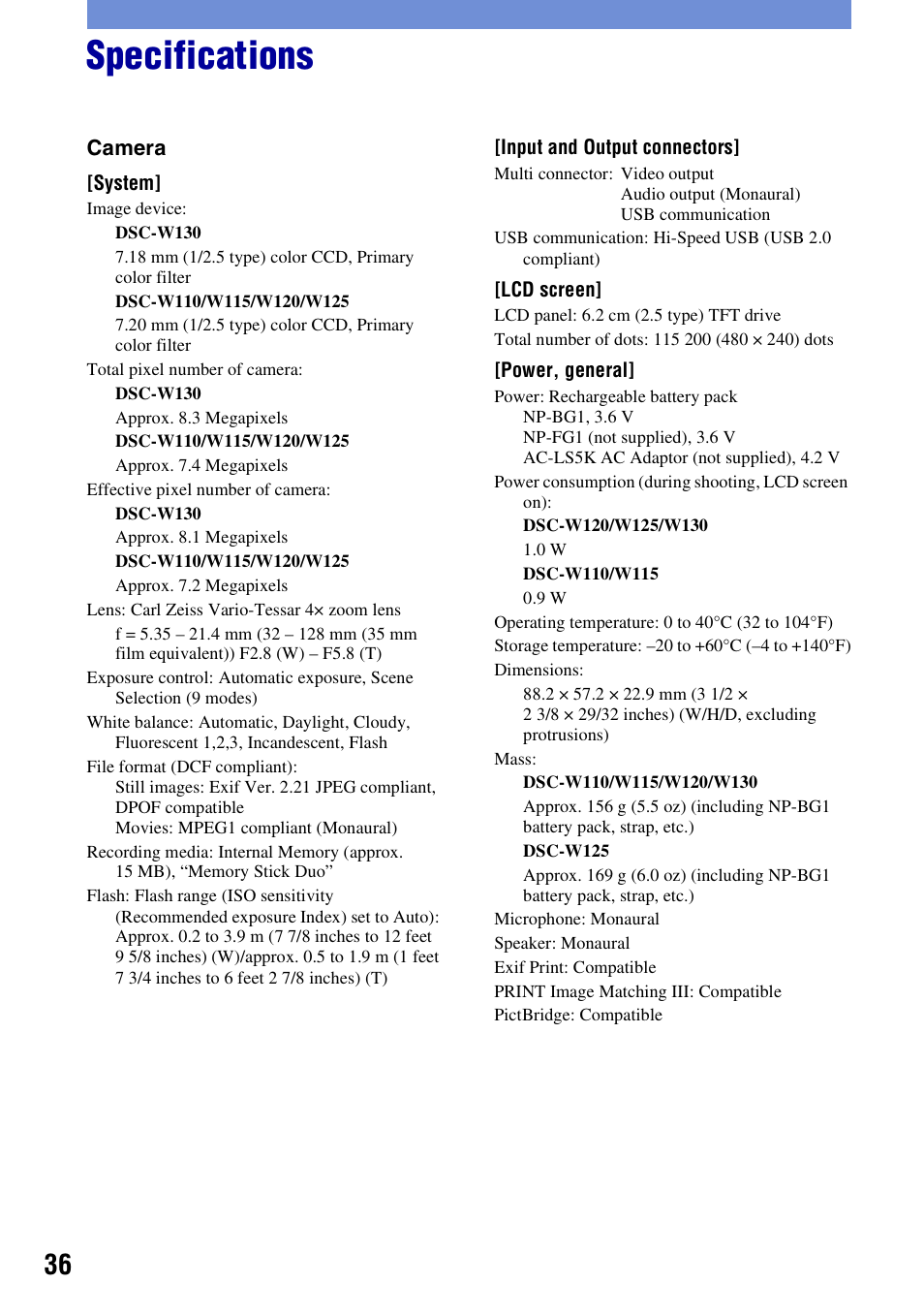 Specifications | 3M Cyber-shot W130 User Manual | Page 36 / 40