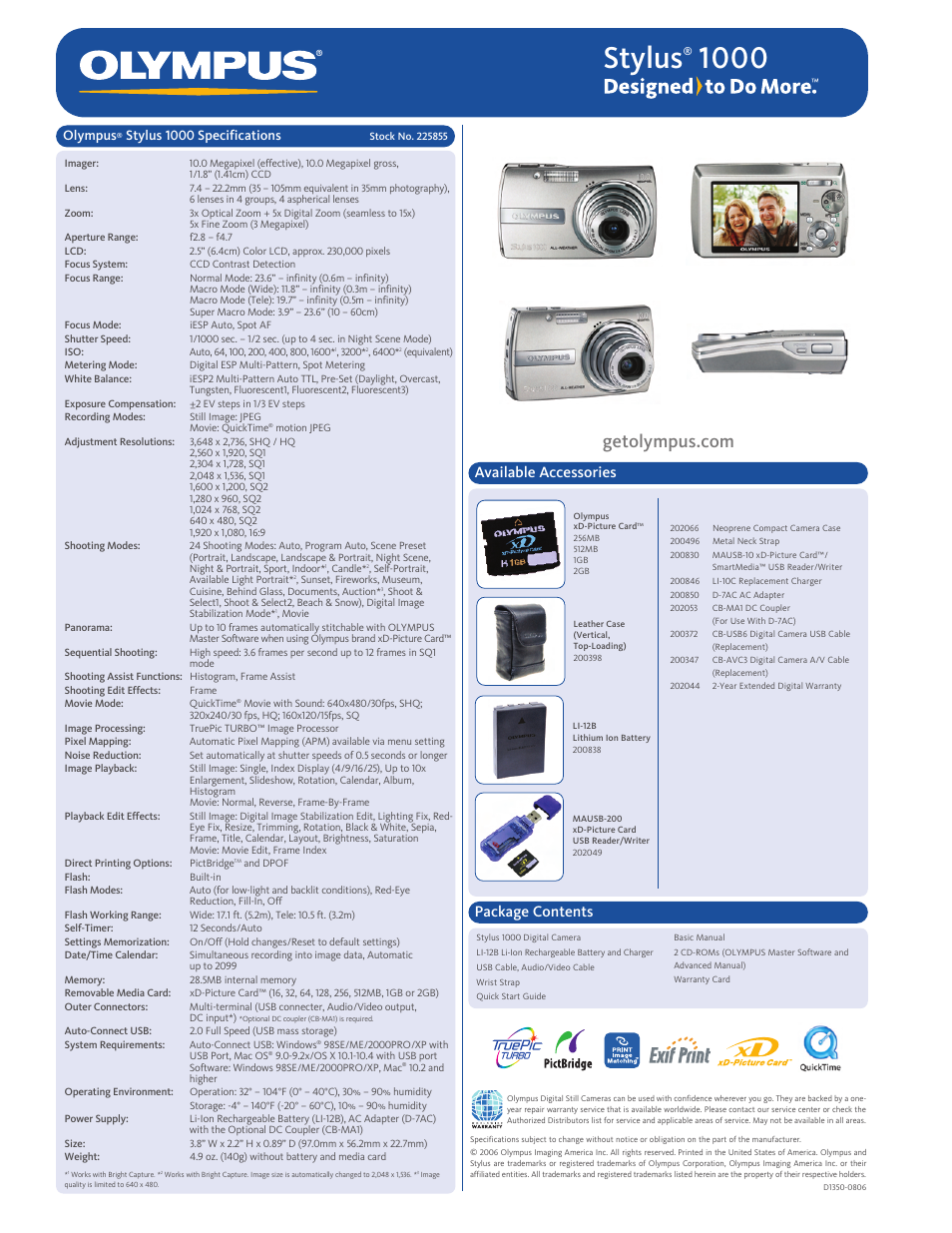 Stylus, Available accessories, Package contents | Olympus, Stylus 1000 specifications | Olympus Stylus 1000 User Manual | Page 2 / 2
