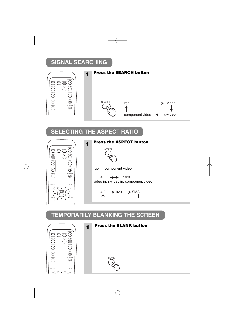 Press the search button, Press the aspect button, Press the blank button | Rgb video s-video component video | 3M X40 User Manual | Page 23 / 40