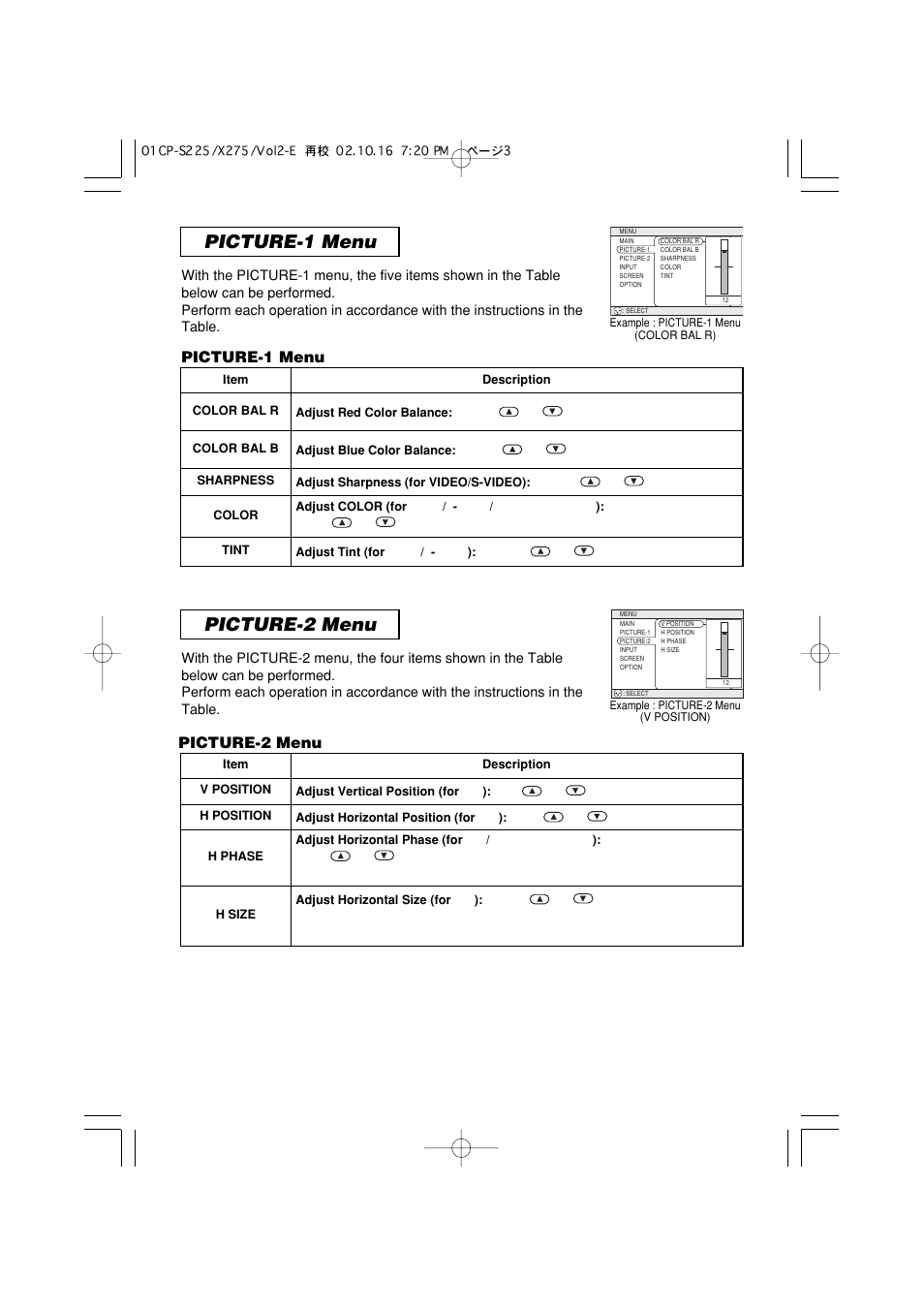 Picture-1 menu picture-2 menu, Picture-1 menu, 25 picture-2 menu | 3M X40 User Manual | Page 26 / 40