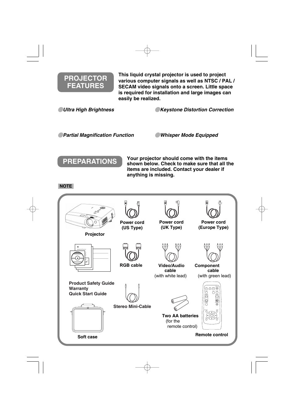 Preparations, Projector features, Ultra high brightness | Partial magnification function, Keystone distortion correction, Whisper mode equipped | 3M X40 User Manual | Page 3 / 40
