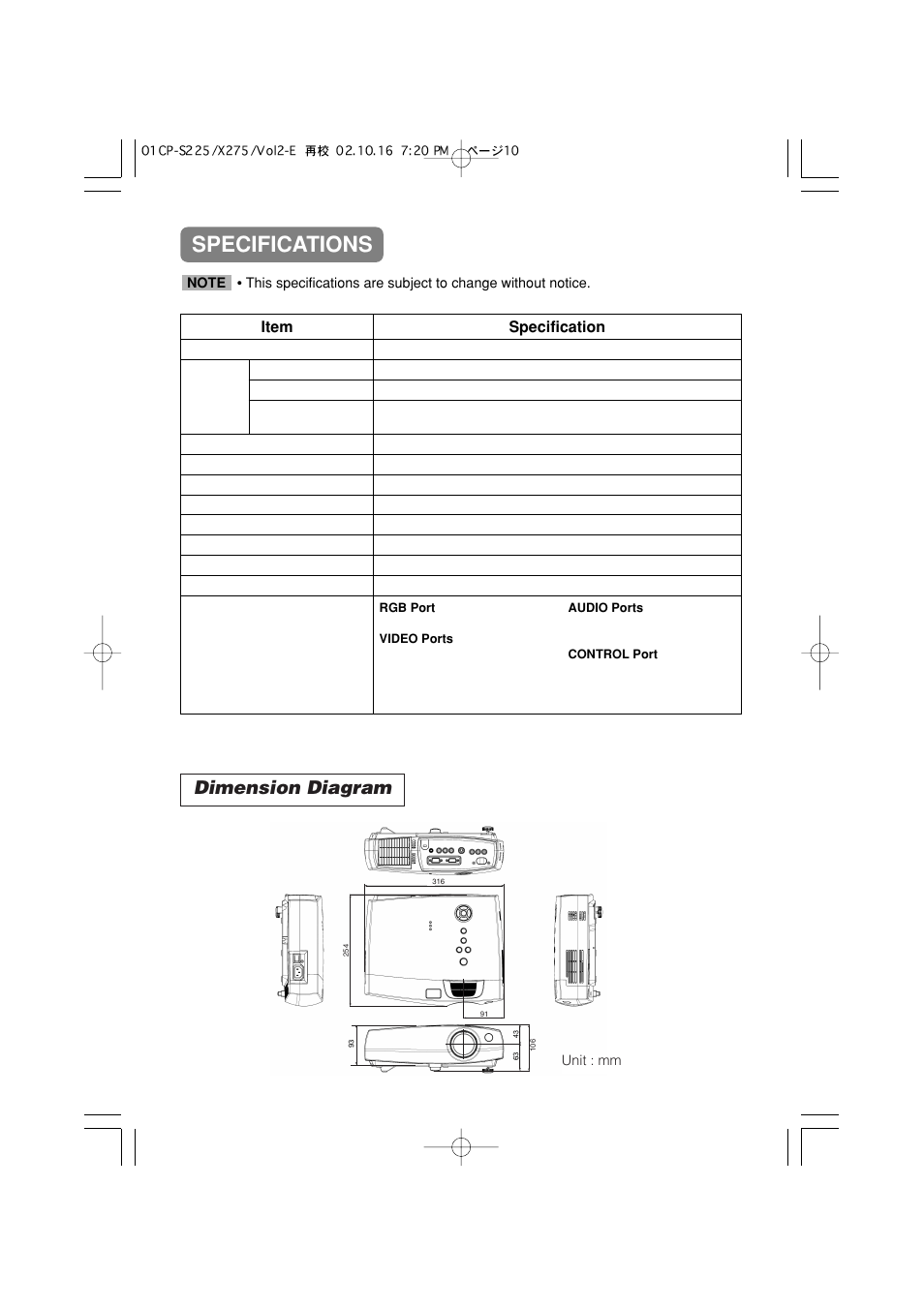 Specifications, Dimension diagram, Item specification | 3M X40 User Manual | Page 38 / 40