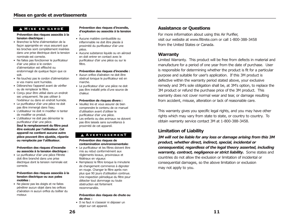 Mises en garde et avertissements, Tassistance or questions, Warranty | Limitation of liability | 3M FAP03 User Manual | Page 13 / 20