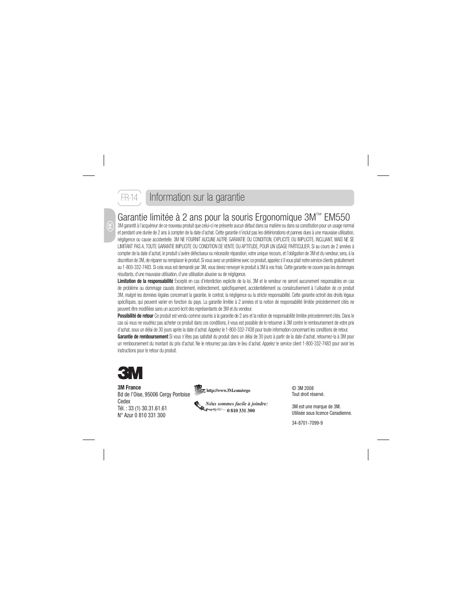 Information sur la garantie, Em550, Fr-14 | 3M EM 550GPS User Manual | Page 28 / 98