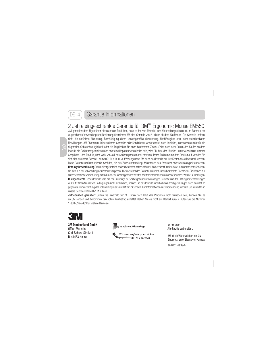 Garantie informationen, 2 jahre eingeschränkte garantie für 3m, Ergonomic mouse em550 | De-14 | 3M EM 550GPS User Manual | Page 42 / 98