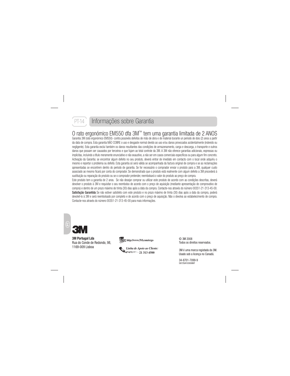 Informações sobre garantia, O rato ergonómico em550 dfa 3m, Tem uma garantia limitada de 2 anos | Pt-14 | 3M EM 550GPS User Manual | Page 98 / 98