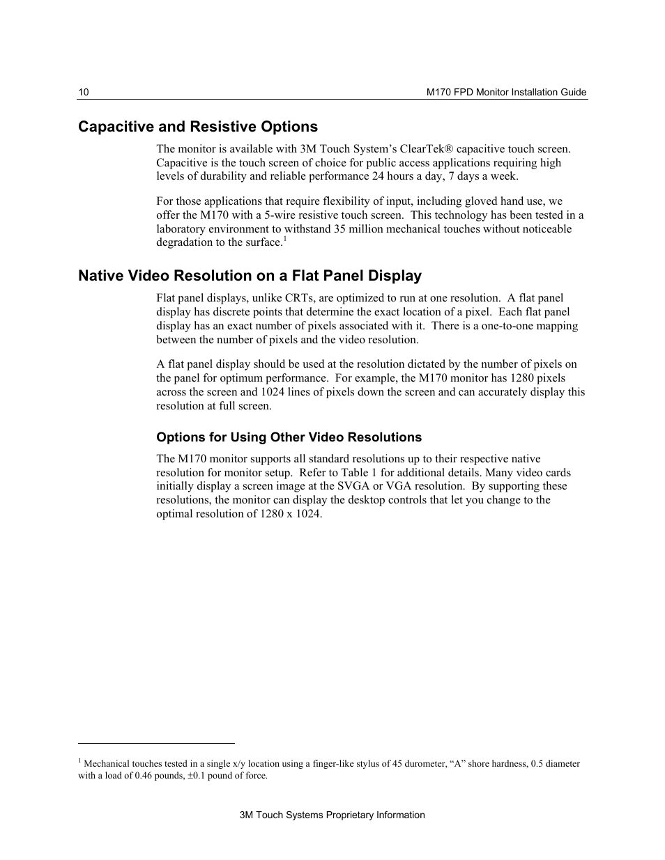 Capacitive and resistive options, Native video resolution on a flat panel display, Options for using other video resolutions | 3M M170 User Manual | Page 10 / 33