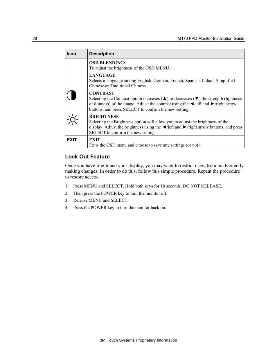 Lock out feature | 3M M170 User Manual | Page 28 / 33