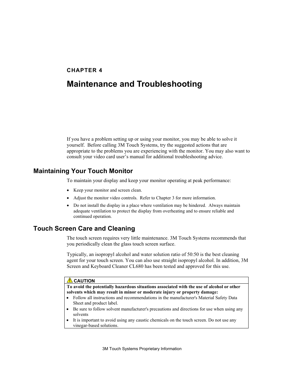 Maintaining your touch monitor, Touch screen care and cleaning, Maintenance and troubleshooting | 3M M170 User Manual | Page 29 / 33