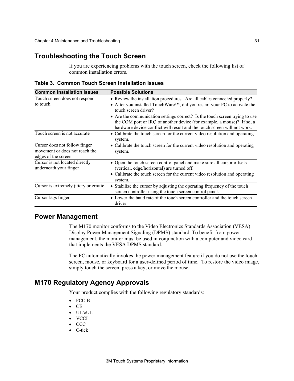 Troubleshooting the touch screen, Power management, M170 regulatory agency approvals | 3M M170 User Manual | Page 31 / 33