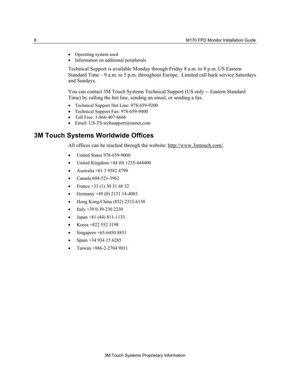 3m touch systems worldwide offices | 3M M170 User Manual | Page 8 / 33