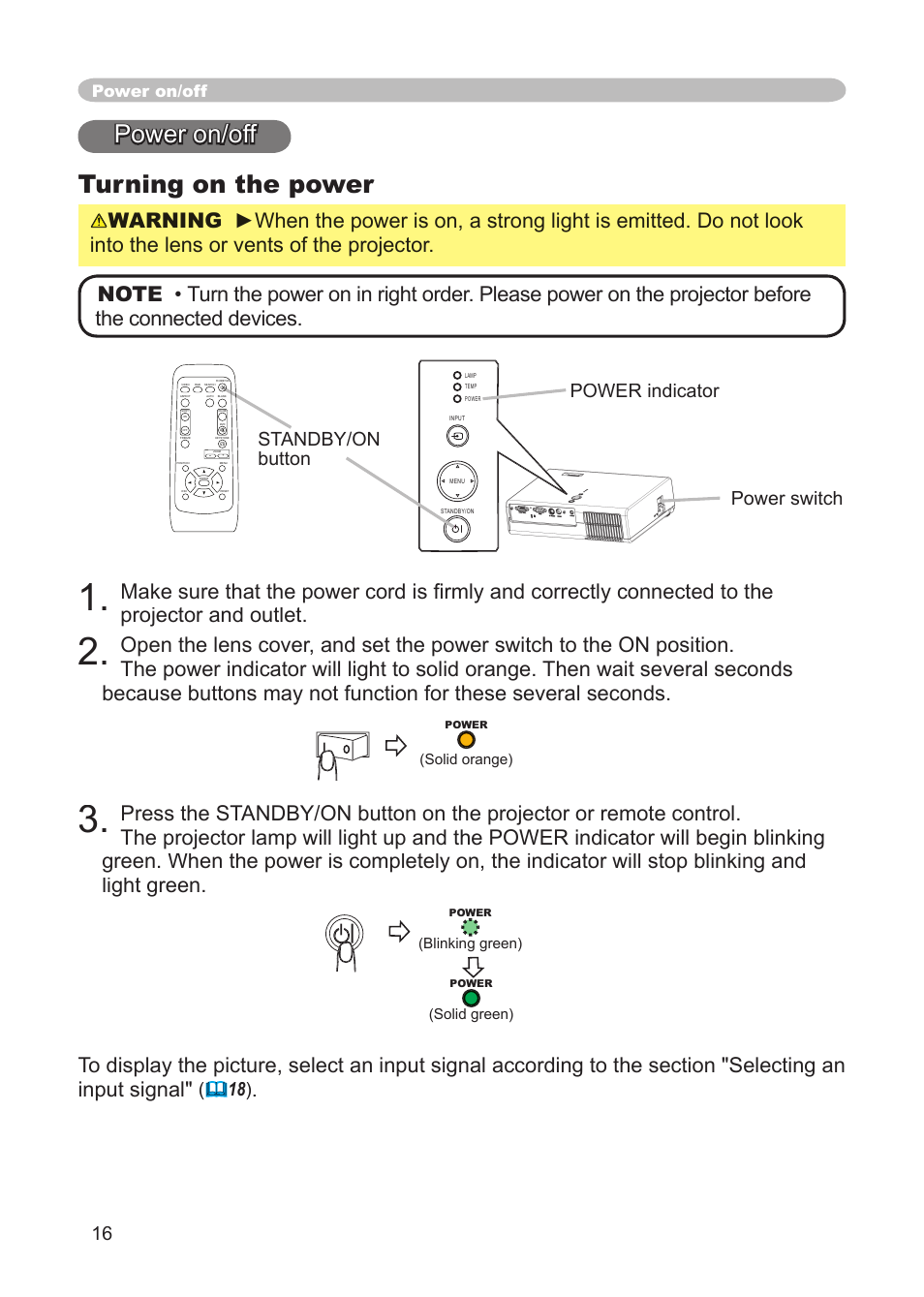 Power on/off turning on the power, Standby/on button, Power indicator power switch | Power on/off | 3M S15 User Manual | Page 16 / 55