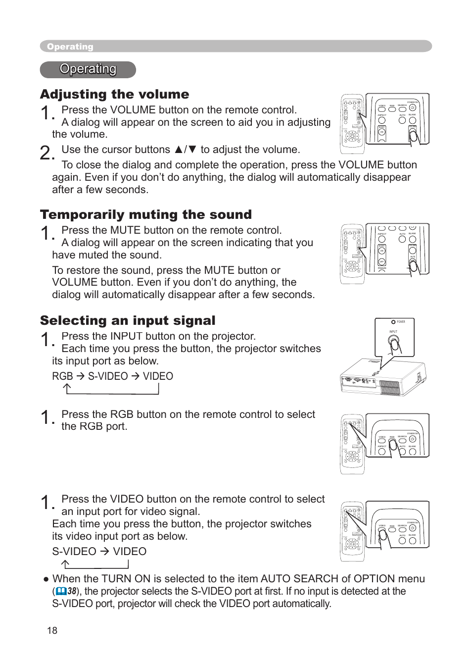 Operating adjusting the volume, Temporarily muting the sound, Selecting an input signal | Operating | 3M S15 User Manual | Page 18 / 55