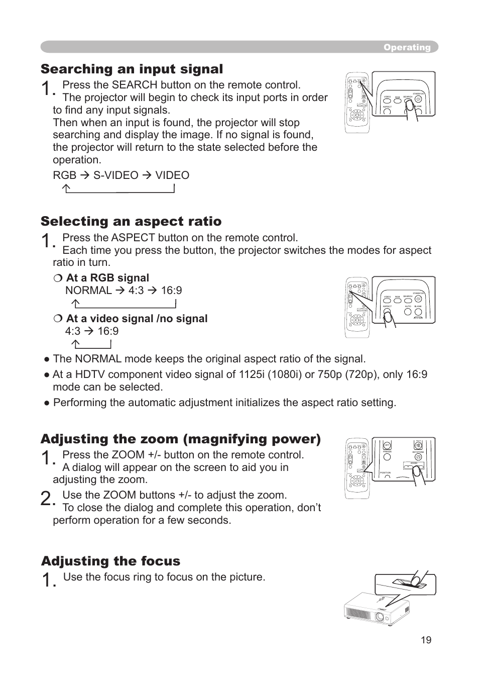 Adjusting the zoom (magnifying power), Searching an input signal, Selecting an aspect ratio | Adjusting the focus, Use the focus ring to focus on the picture, Operating | 3M S15 User Manual | Page 19 / 55