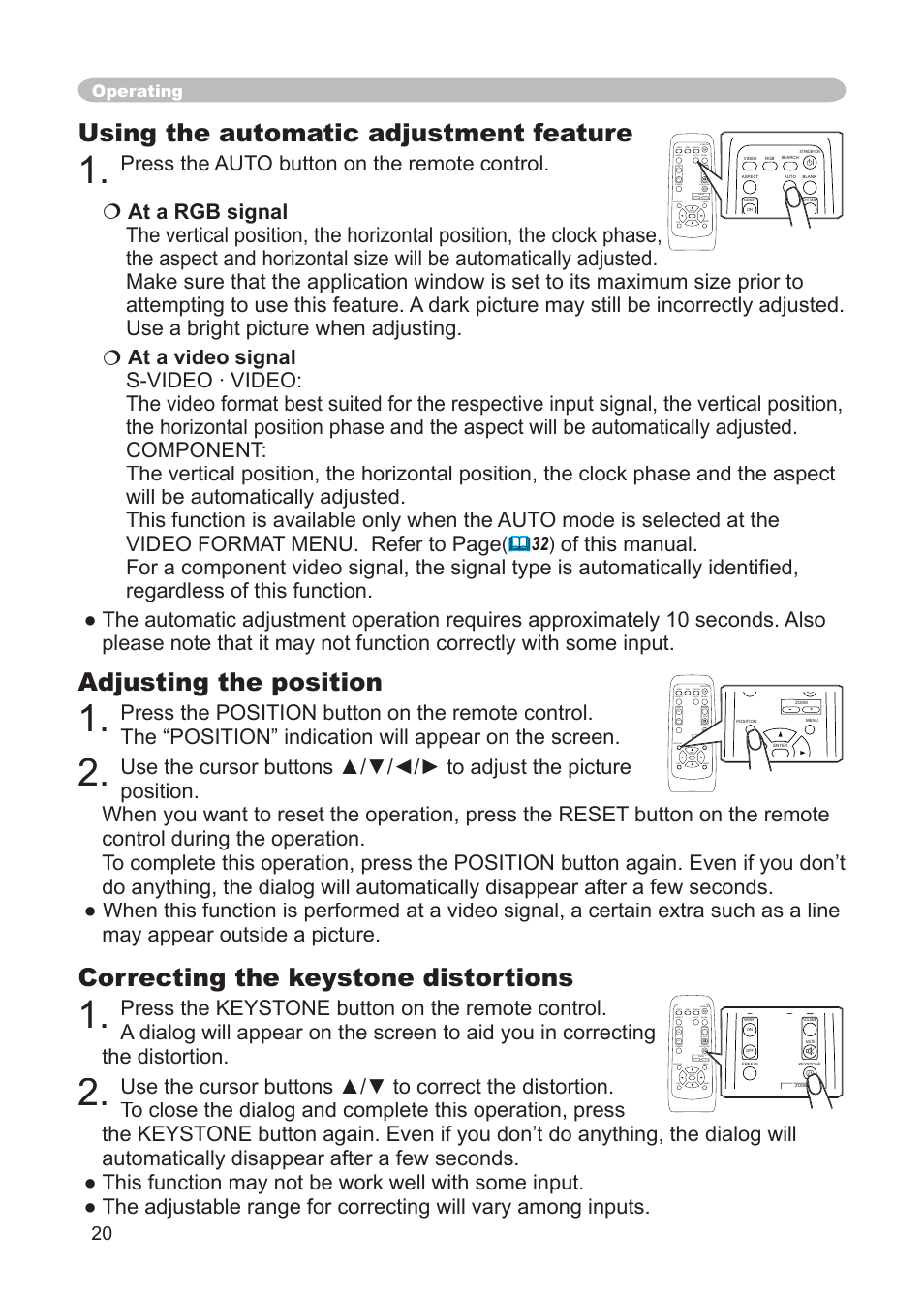 Correcting the keystone distortions, Using the automatic adjustment feature, Adjusting the position | Operating | 3M S15 User Manual | Page 20 / 55