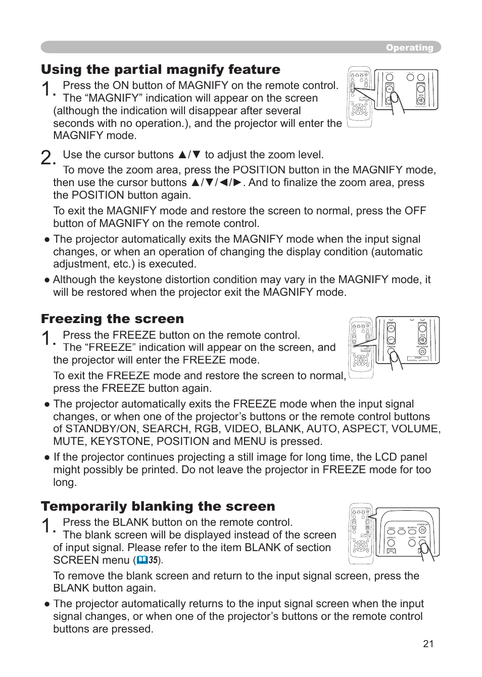 Freezing the screen, Using the partial magnify feature, Temporarily blanking the screen | Operating | 3M S15 User Manual | Page 21 / 55