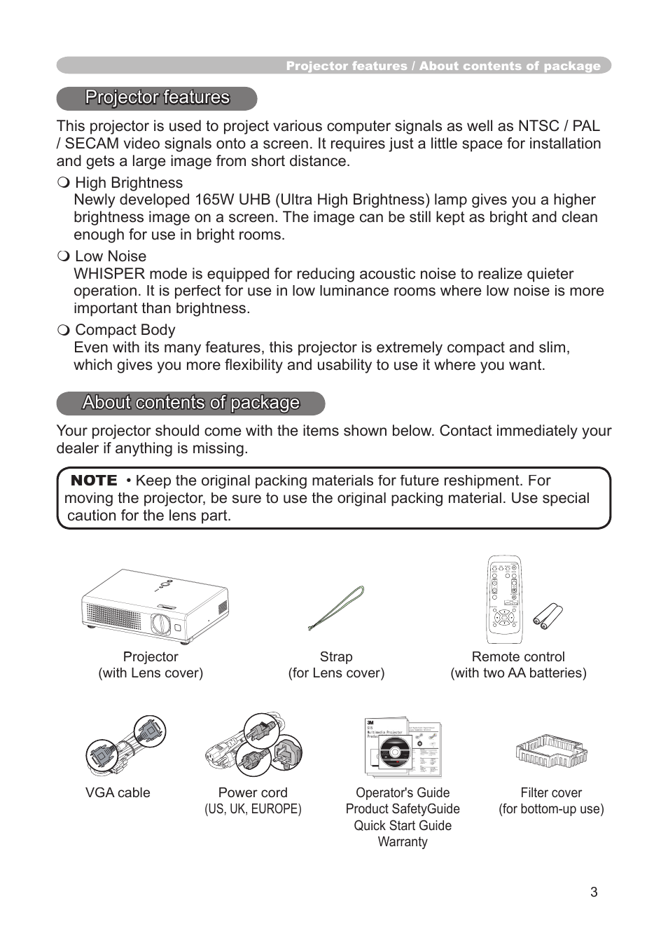 Projector features, About contents of package | 3M S15 User Manual | Page 3 / 55