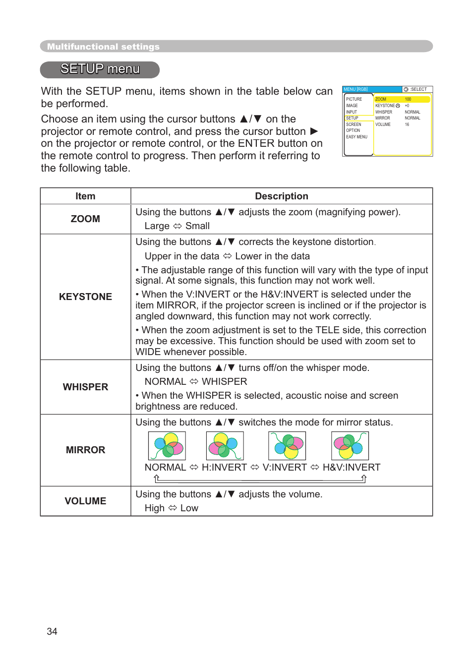 Setup menu | 3M S15 User Manual | Page 34 / 55