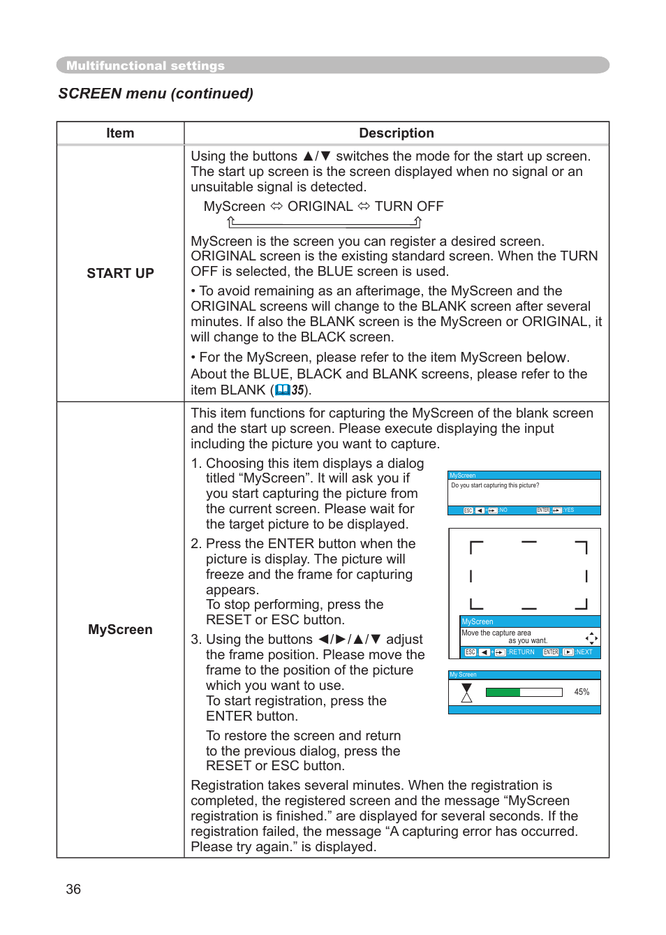 Below, Screen menu (continued) | 3M S15 User Manual | Page 36 / 55