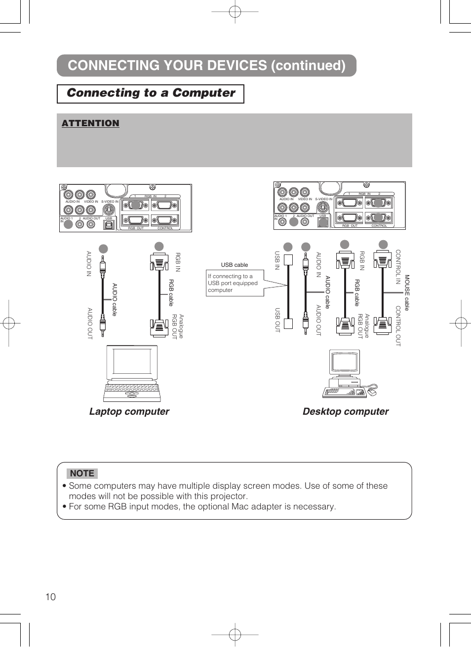 Audio in 1 port, Audio in 2 port, Rgb in 1 | Rgb in 2, Connecting your devices (continued), Connecting to a computer, Laptop computer, Desktop computer | 3M MP8749 User Manual | Page 11 / 41