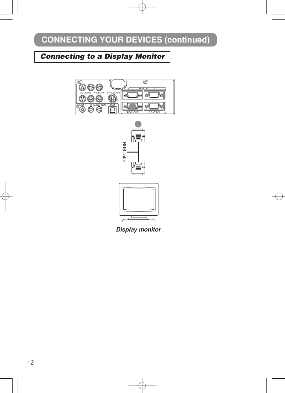 Rgb out, Connecting your devices (continued), Connecting to a display monitor | Display monitor | 3M MP8749 User Manual | Page 13 / 41