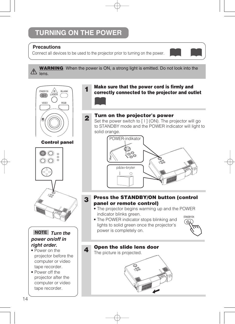 Turning on the power, Power switch, Slide lens door | Standby/on button, Standby/on, Button | 3M MP8749 User Manual | Page 15 / 41