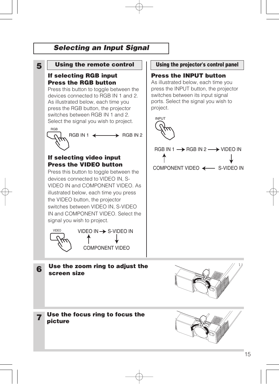 Zoom ring focus ring, Video button, Selecting an input signal | 3M MP8749 User Manual | Page 16 / 41