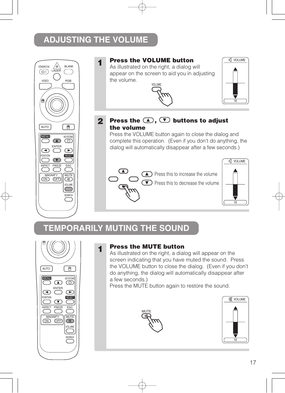 Adjusting the volume t, Emporarily muting, He sound | Mute button, Volume button, Adjusting the volume temporarily muting the sound, Press the volume button, Press the mute button, Press the , buttons to adjust the volume | 3M MP8749 User Manual | Page 18 / 41