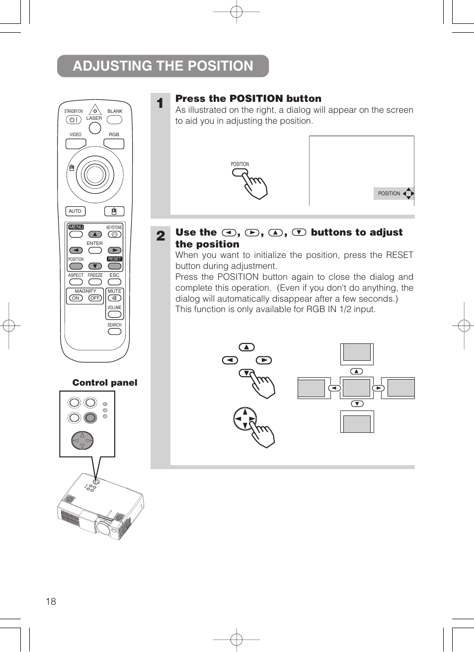 Djusting the position, Reset button, Position button | Adjusting the position, Press the position button, Use the , , , buttons to adjust the position, Control panel | 3M MP8749 User Manual | Page 19 / 41