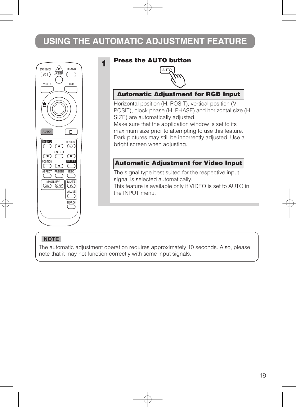 Using the automatic adjustment feature, Auto button, 1using the automatic adjustment feature | Press the auto button | 3M MP8749 User Manual | Page 20 / 41