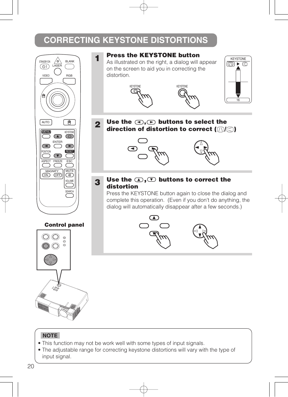 Correcting keystone distortions, Keystone button, Correcting keystone distortions 1 | Press the keystone button, Use the, Buttons to correct the distortion | 3M MP8749 User Manual | Page 21 / 41