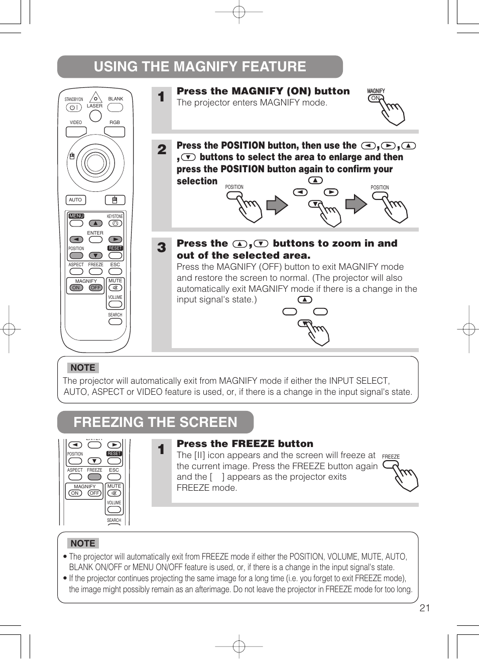 Using the magnify feature, Freezing the screen, Magnify button | Using the magnify feature freezing the screen 1, Press the magnify (on) button, Press the position button, then use the, Press the, Buttons to zoom in and out of the selected area, Press the freeze button | 3M MP8749 User Manual | Page 22 / 41