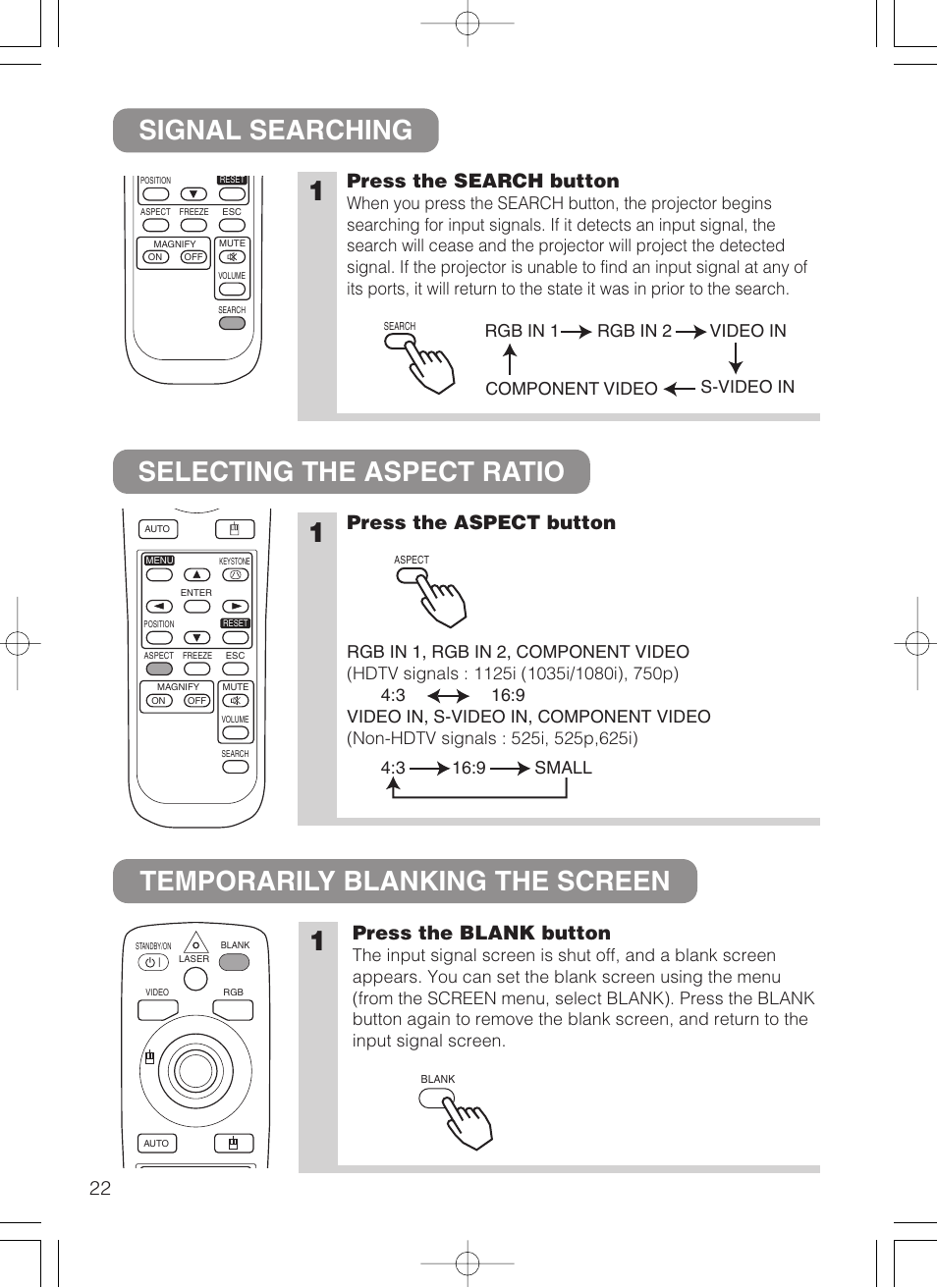 Aspect button, Press the search button, Press the aspect button | Press the blank button | 3M MP8749 User Manual | Page 23 / 41