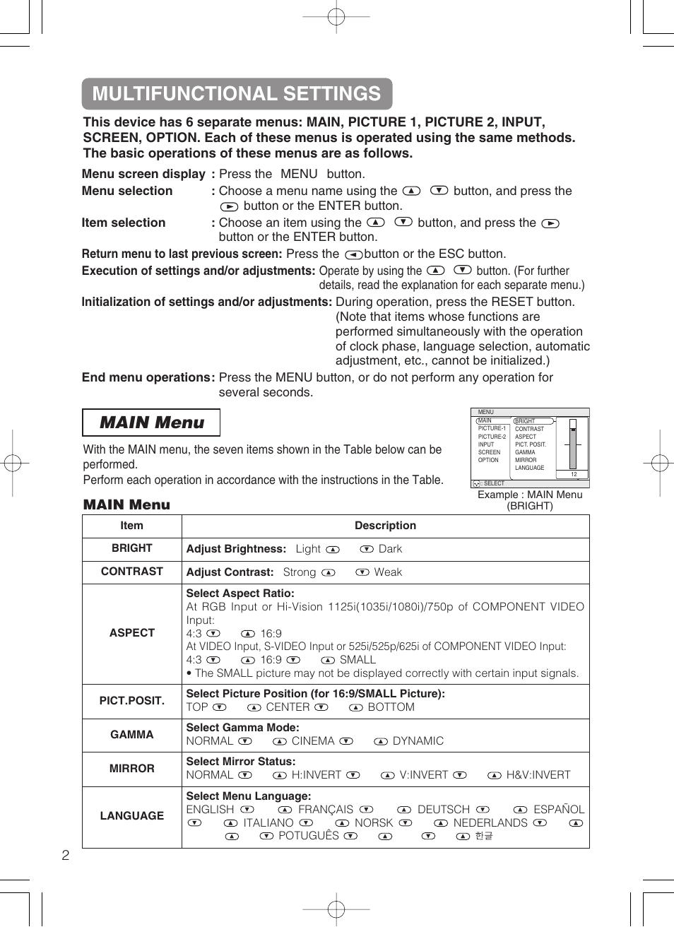 Multifunctional settings, Main menu, Main menu 24 | 3M MP8749 User Manual | Page 25 / 41