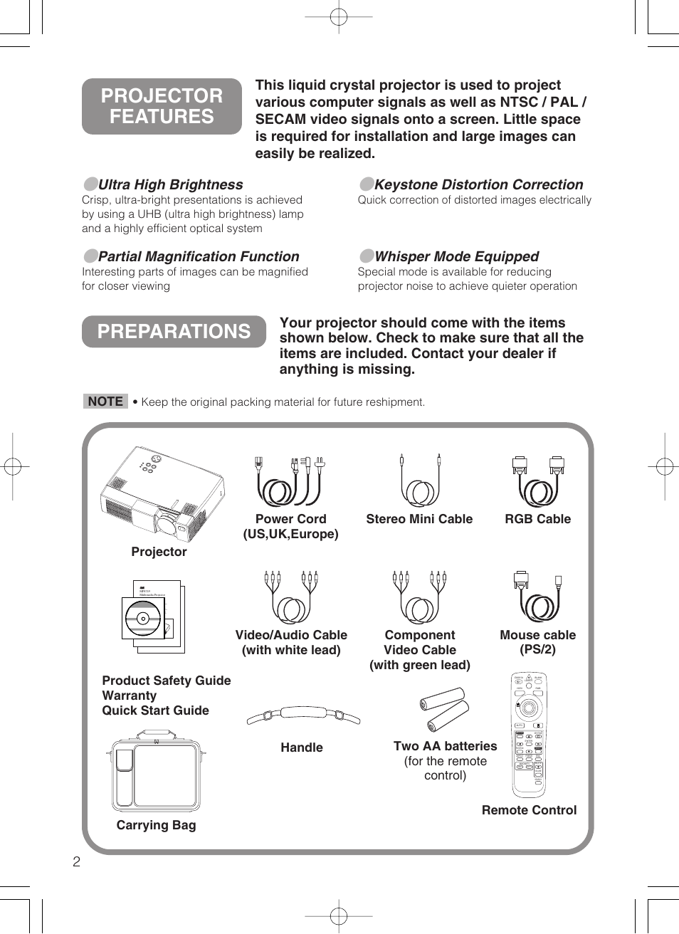 Projector features preparations, Preparations, Projector features | Ultra high brightness, Partial magnification function, Keystone distortion correction, Whisper mode equipped, Two aa batteries (for the remote control) | 3M MP8749 User Manual | Page 3 / 41