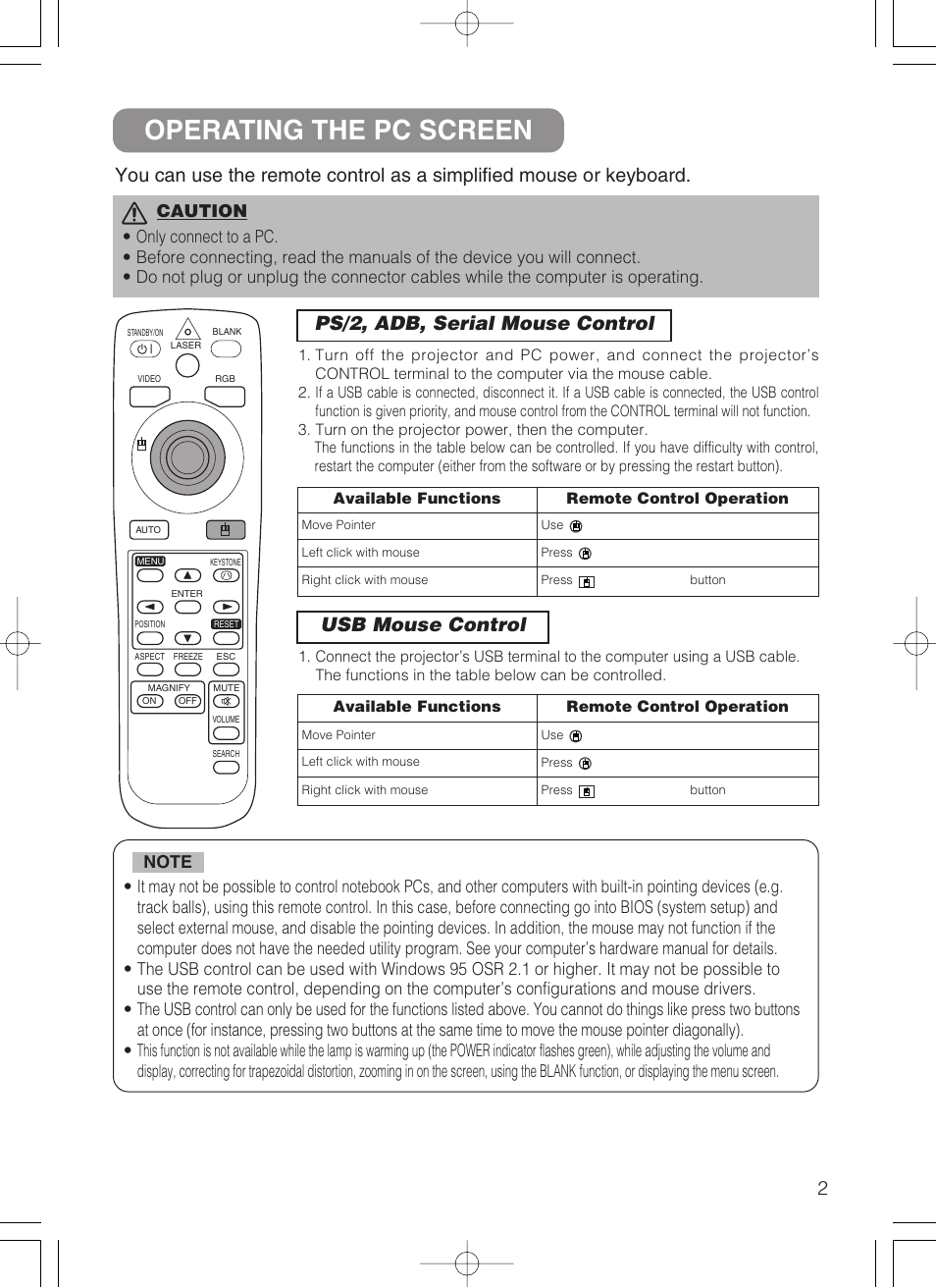 Operating the pc screen, Disk pad, Ps/2, adb, serial mouse control | Usb mouse control | 3M MP8749 User Manual | Page 30 / 41