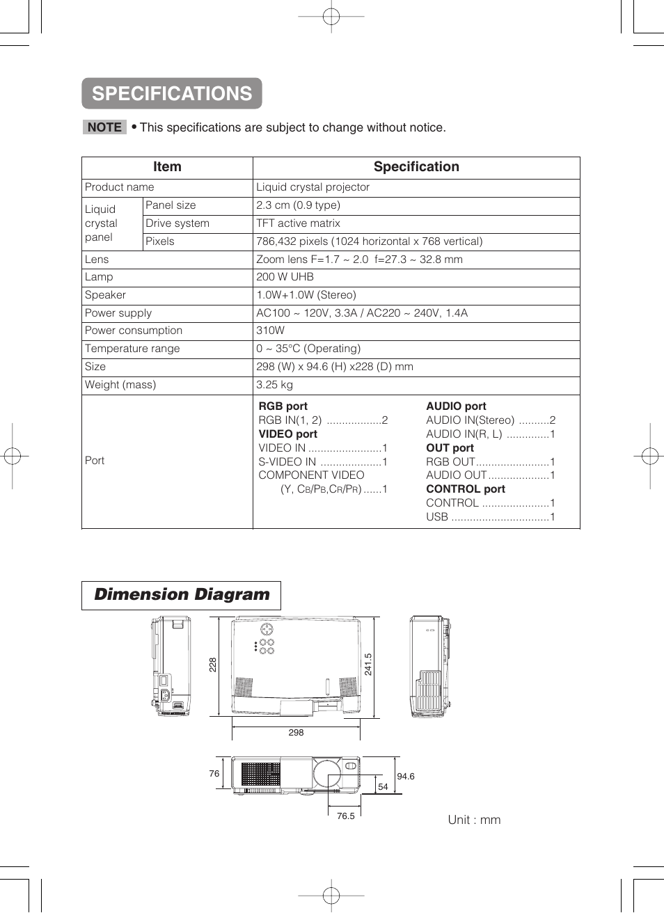 Specifications, Dimension diagram, Item specification | 3M MP8749 User Manual | Page 39 / 41