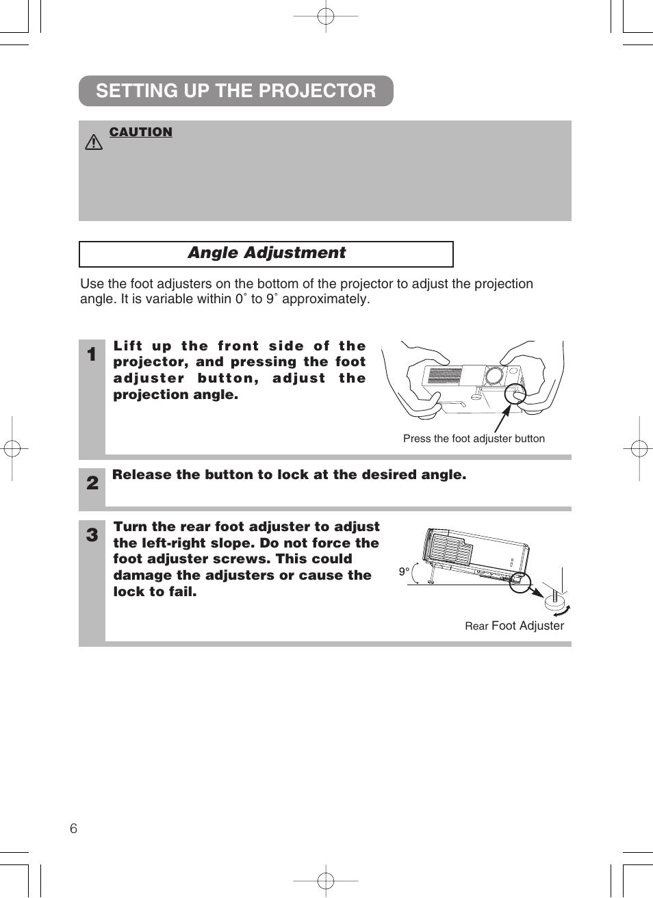 Setting up, The projector, Foot adjuster button | Rear foot adjuster, Foot adjuster, Setting up the projector | 3M MP8749 User Manual | Page 7 / 41