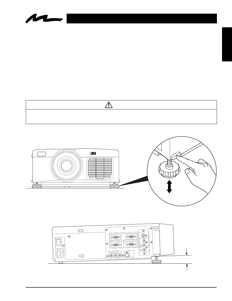 Adjustments and functions, 1 how to use height adjustment feet, Section 4: adjustments and functions | English, Caution, Front view side view 0-9, Figure 4.1 height adjustment, Mp8670 | 3M MP8670 User Manual | Page 14 / 38