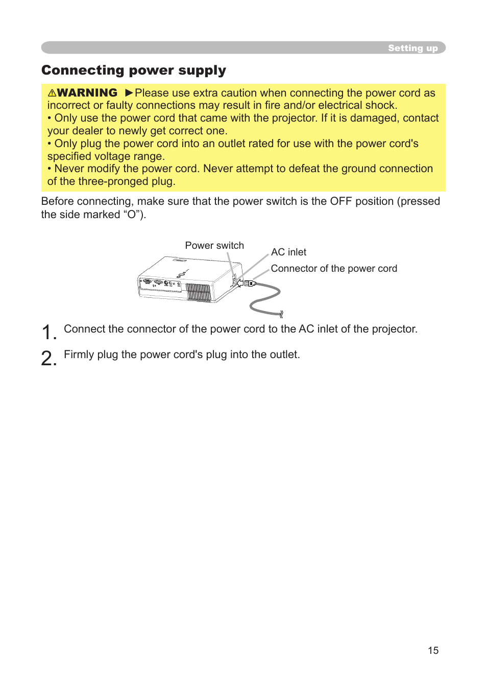 Connecting power supply | 3M Digital Projector X15 User Manual | Page 15 / 55