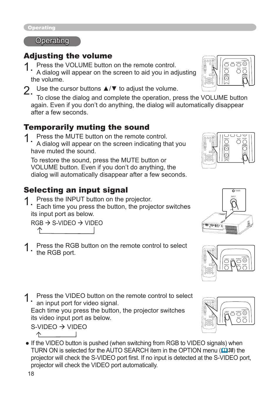 Operating adjusting the volume, Temporarily muting the sound, Selecting an input signal | Operating | 3M Digital Projector X15 User Manual | Page 18 / 55